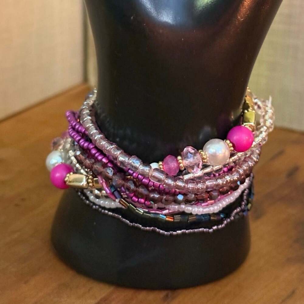 10 Pc Pink Purple Beaded Bracelet Stack Boho Stretch Set